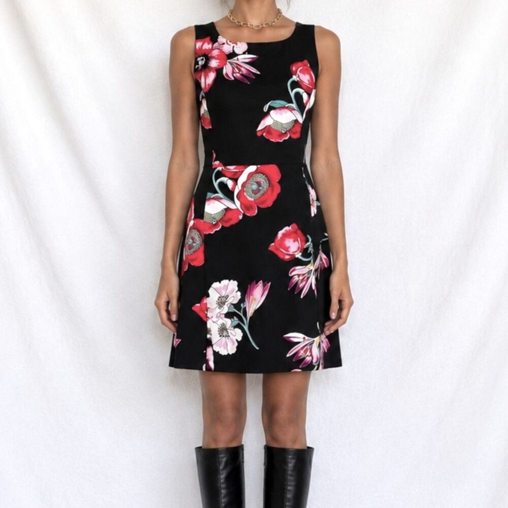 Vintage Y2K Black Sleeveless Floral Print Knee Length Flared Bow Dress Size M